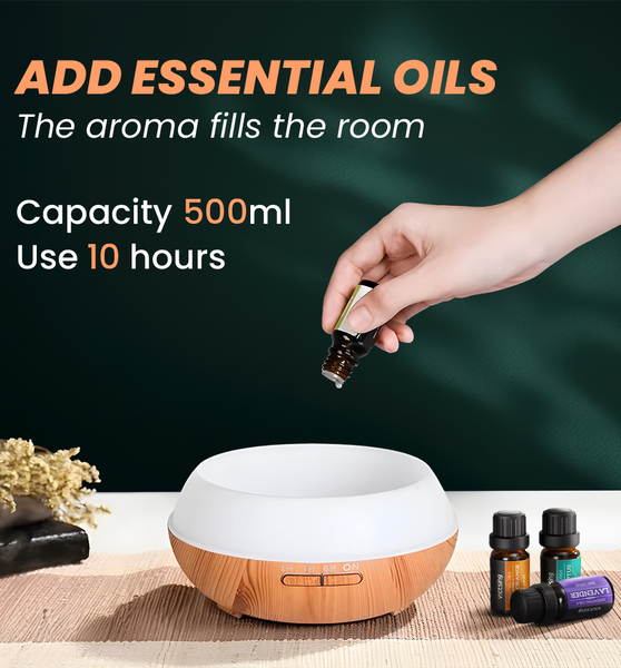 Aromatherapy Wood Grain Diffuser – 500ml, 7-Color LED